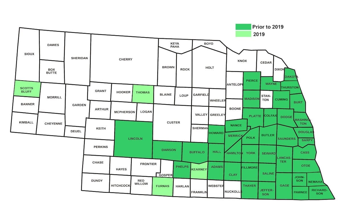 Figure 2. Distribution of Japanese beetles in Nebraska, based on Nebraska Department of Agriculture survey data.